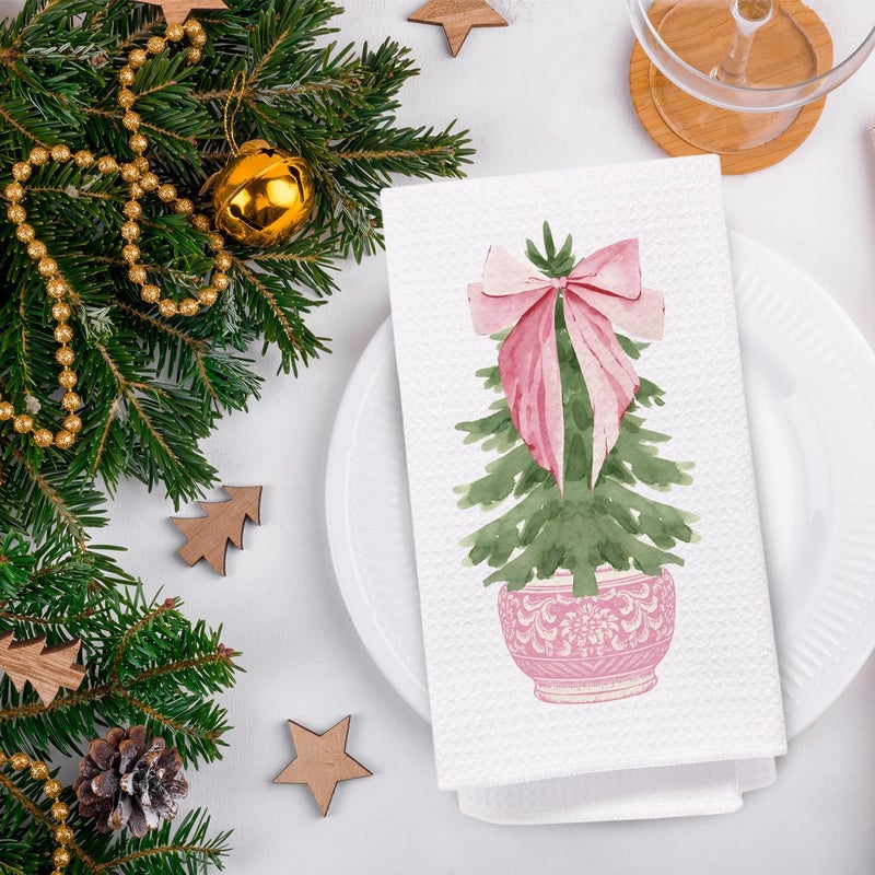 SPBL&L Chinoiserie Christmas Kitchen Towels, Pink Bow Coquette Christmas Tree Dish Towels for Kitchen Bathroom, Pink Christmas Hand Towels for Bathroom Kitchen, Grandmillennial Decor, 16x24 Inches - Image 2